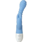 Light blue silicone Evolved Bendy Bunny massager with white handle and control buttons