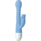 Light blue Evolved Bendy Bunny silicone vibrator with textured shaft and rabbit attachment