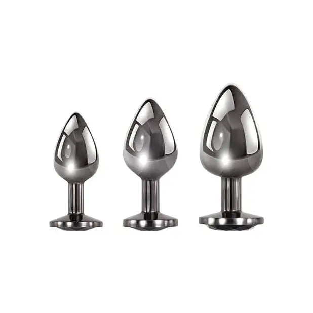 Evolved Black Gem 3-Piece Anal Plug Set: Three Silver Spheres on White Background