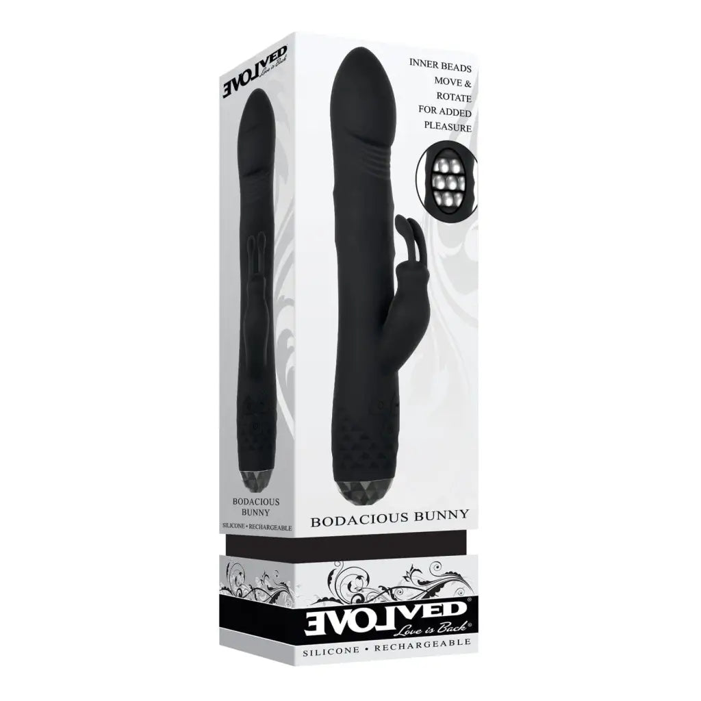 Evolved Bodacious Bunny rotating rabbit in box, featuring black silicone and inner beads