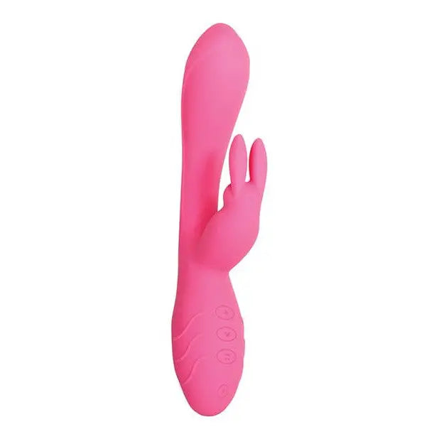 Hand on Evolved ’Bunny Kisses’ pink silicone rabbit vibrator for intimate pleasure