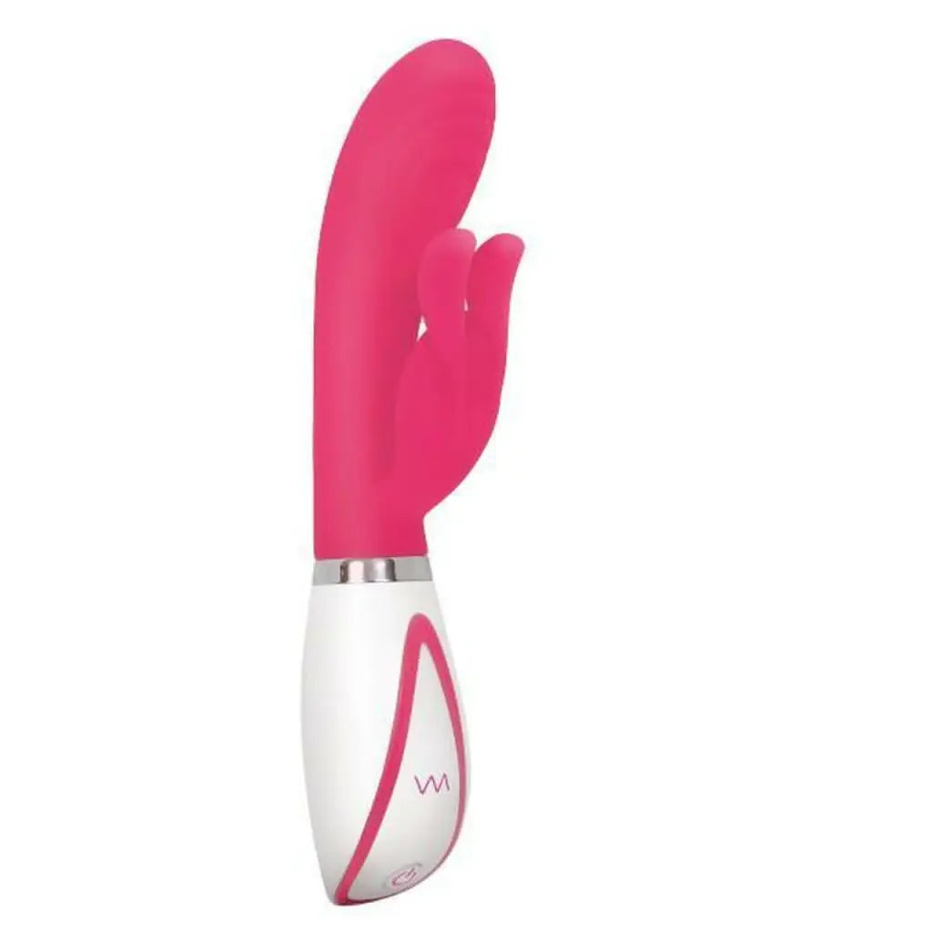 Close up of Evolved Disco Bunny Light Up Rabbit Vibrator with pink handle