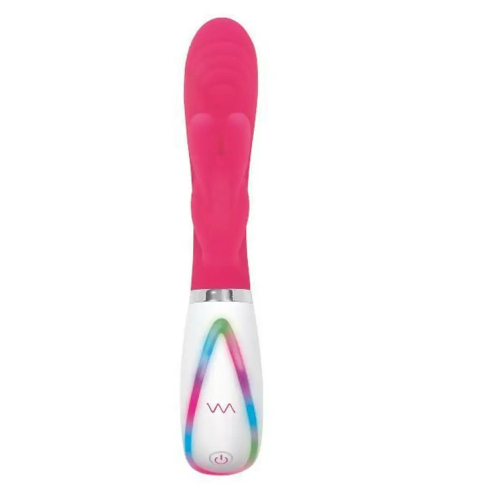 Pink and white nail brush with a pink handle displayed next to Evolved Disco Bunny rabbit vibrator