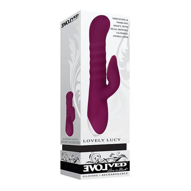 Evolved Lovely Lucy purple silicone vibrator with dual stimulation arms in product packaging