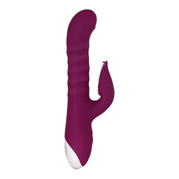 Evolved Lovely Lucy - Purple silicone personal massager with a curved shape and textured attachment