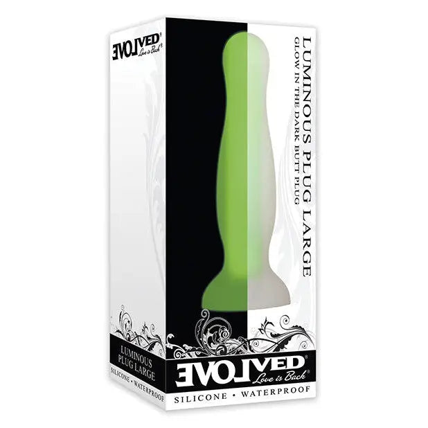 Green and black box with white package of Evolved Luminous Plug for enhanced pleasure