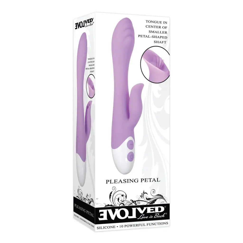 Purple silicone personal massager, Evolved Pleasing Petal Vibe in pink, petal-like shape