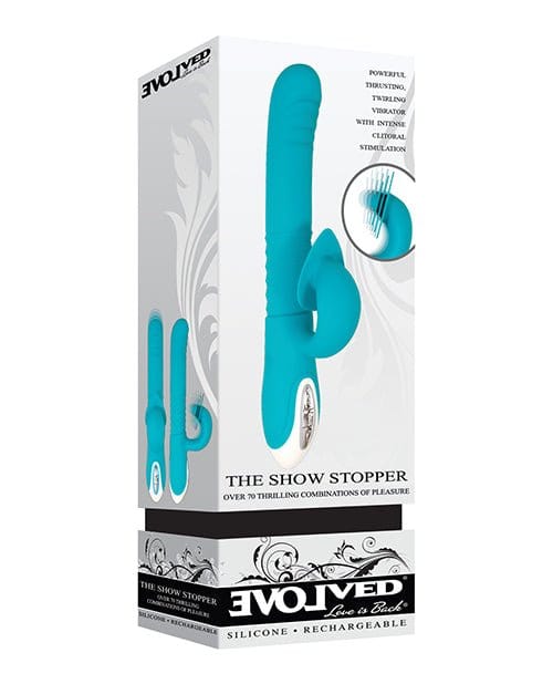 Evolved Rabbit Blue Evolved 'The Show Stopper' Thrusting and Twirling Rabbit Vibrator at the Haus of Shag