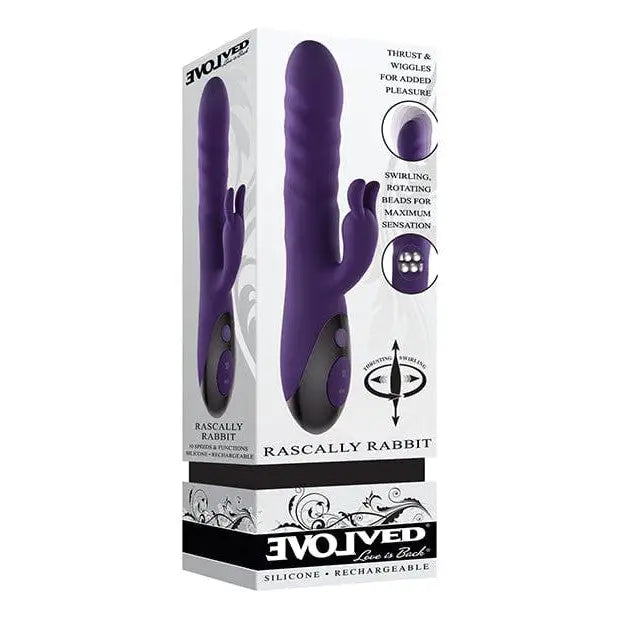 Evolved Rascally Rabbit Purple silicone vibrator with rabbit-style design and packaging