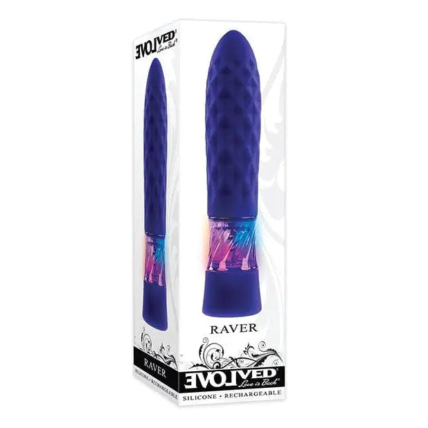 Evolved Raver Light: Purple silicone vibrator with textured shaft and colorful transparent midsection