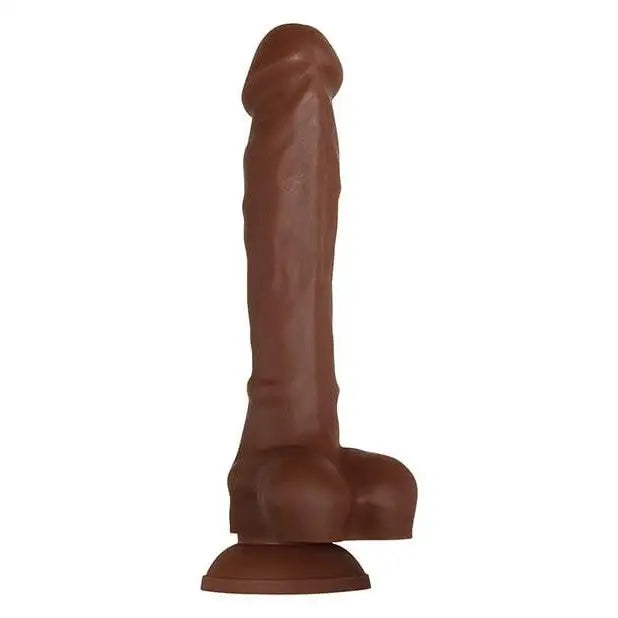 Chocolate covered ’Evolved Real Supple’ silicone dildo with suction cup base on white background