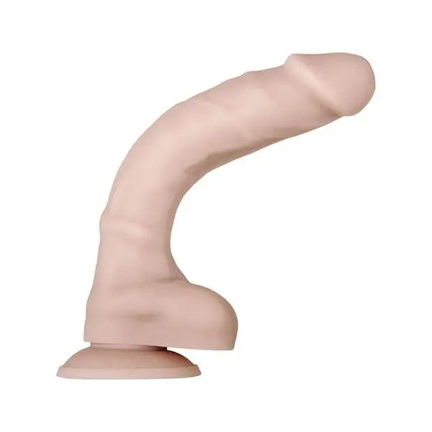 Close up of Evolved ’Real Supple’ 8.25” Dildo with suction cup base on white background