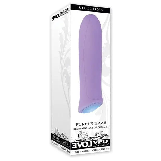 Evolved Rechargeable Waterproof Bullet in white box showcasing the purple haze vibrating device