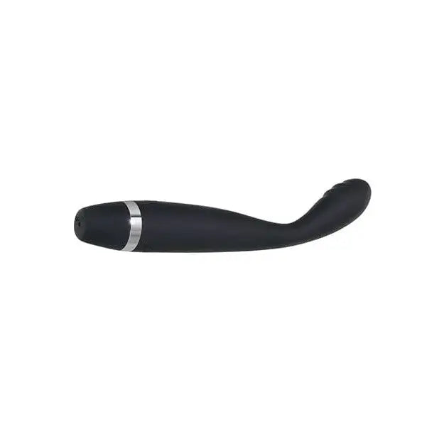 Close up of Evolved ’Skinny G’ G Spot Vibrator in black and silver on white background