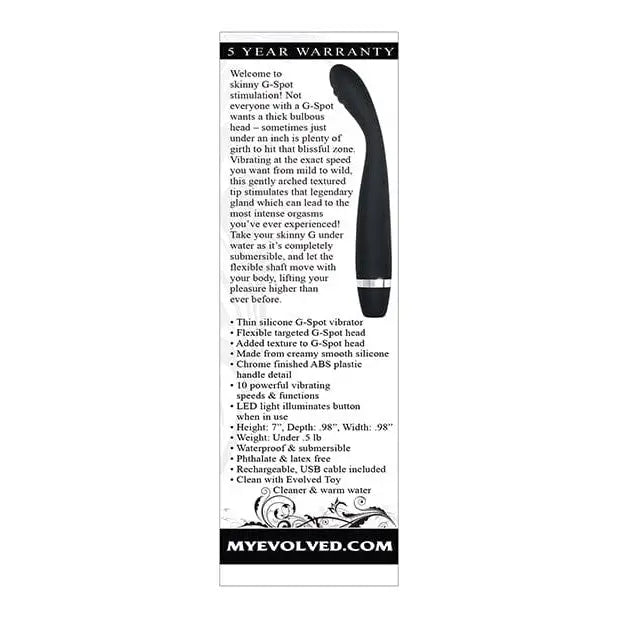 Evolved Skinny G Silicone G Spot Vibrator with a black tie on a white background