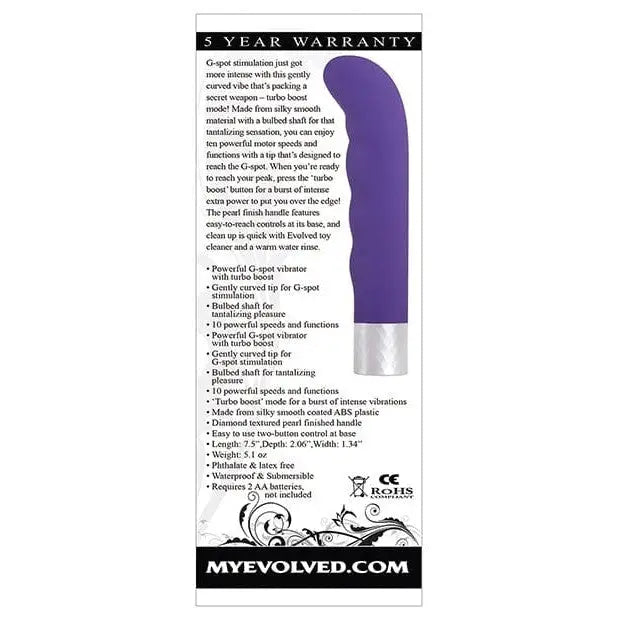 Purple and white Evolved Spark G-Spot Vibrator package with Turbo Boost feature