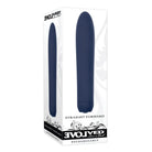 Evolved Straight Forward Vibrator - Blue in packaging; Navy blue rechargeable personal massager