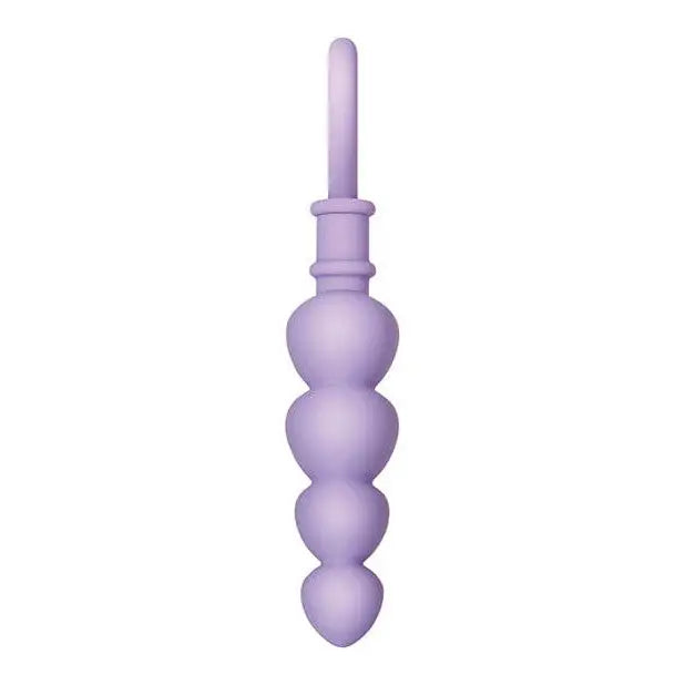 Heart shaped long handle on purple plastic dummy of Evolved Sweet Treat Anal Beads