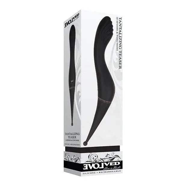 Evolved ’Tantalizing Teaser’ dual end vibrator, sleek black silicone, curved design in packaging