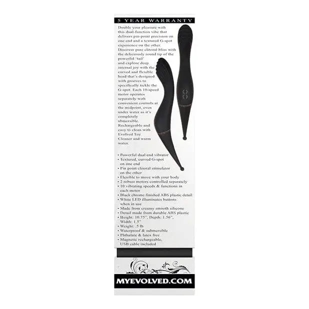 Black curved dual end vibrator with specs and warranty, Evolved ’Tantalizing Teaser’