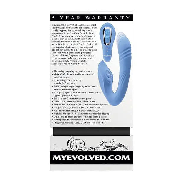 Evolved Tap & Thrust Dual Vibe - Blue curved vibrator with multiple functions, 5-year warranty