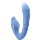 Curved blue silicone Evolved Tap & Thrust Dual Vibe massager with dual ends