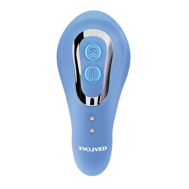 Blue handheld electronic thrust dual vibe with illuminated buttons and chrome accent