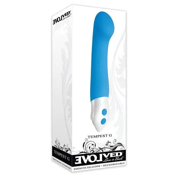 Evolved Tempest G-Spot Vibrator with Flat End in box displaying blue vibrating device