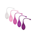 Set of teardrop-shaped weighted kegel balls in shades from white to deep purple for pelvic training