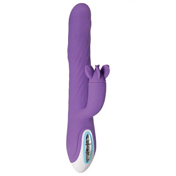 Evolved Tilt O Whirl Rabbit Vibrator with rotating clitoral stimulator in purple silicone