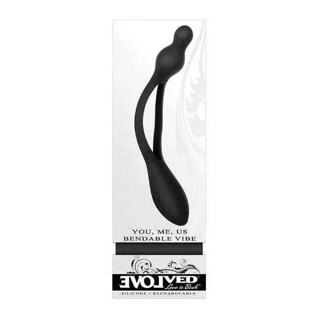 Evolved You Me Us Bendable Stimulator in package: black toy with large handle for erogenous zones