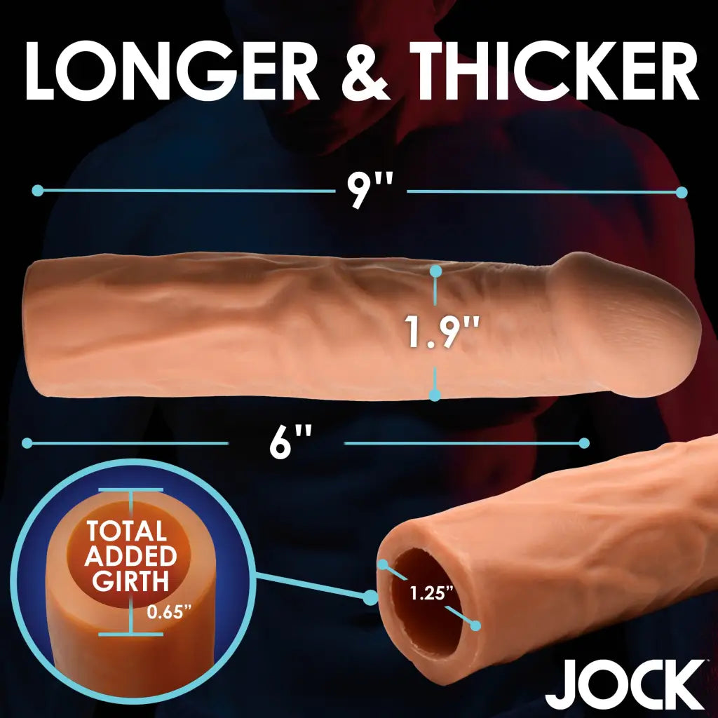 Body-safe, flesh-colored extra long 3 inch penis extension with measurements showing