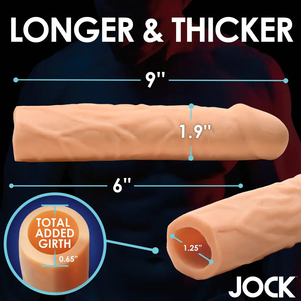 Extra long body-safe penis extension with dimensions for length, thickness, and girth