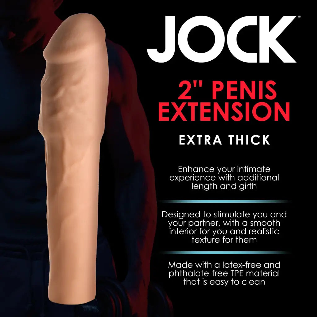 A flesh-colored inch penis extension device called ’Jock’ with product details