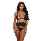 Eyelash Lace Bra High Waist Garter Belt & G-string Black - Lingerie Set