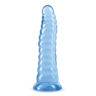 Blue plastic water bottle with a white background beside Fantasia Nymph Jelly Dildo Teal