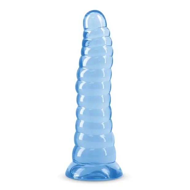 Blue plastic water bottle with a white background beside Fantasia Nymph Jelly Dildo Teal