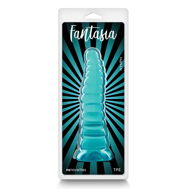 Fina Water Pipe - Blue, displayed with Fantasia Nymph Jelly Dildo Teal, 8 inches in dimensions