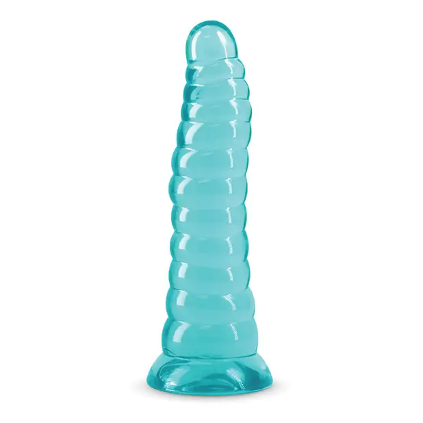 Blue plastic water bottle with cap beside Fantasia Nymph Jelly Dildo Teal product, 7 inches