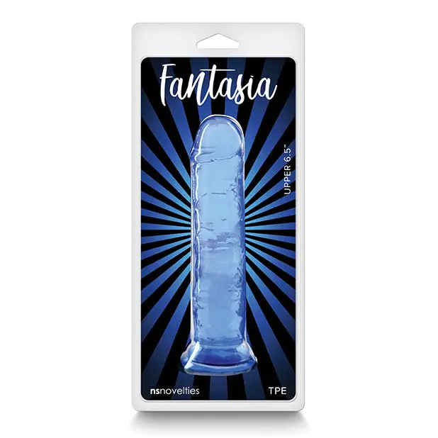 Blue plastic water bottle with ’Fatsa’ text beside Fantasia Upper 6.5 in. jelly dildo blue