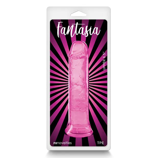 Pink plastic bottle labeled ’fatsa’ next to Fantasia Upper 6.5 in. Jelly Dildo Blue