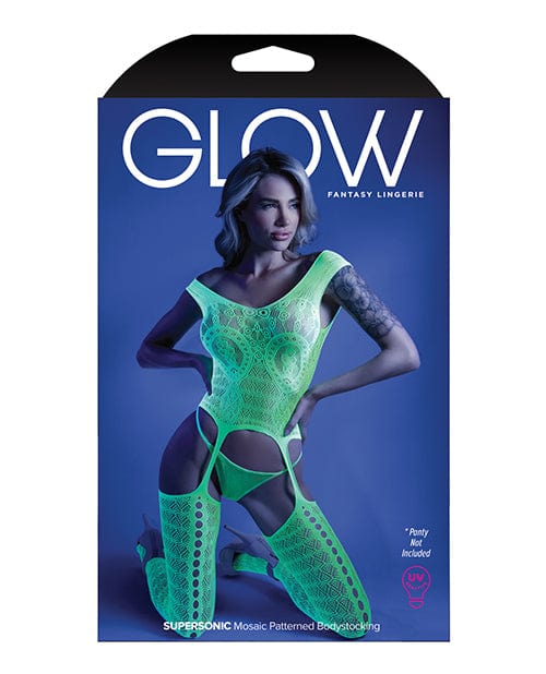 Fantasy Lingerie Bodystocking Glow 'Supersonic' Black Light Mosaic Pattern Gartered Bodystocking by Fantasy Lingerie at the Haus of Shag