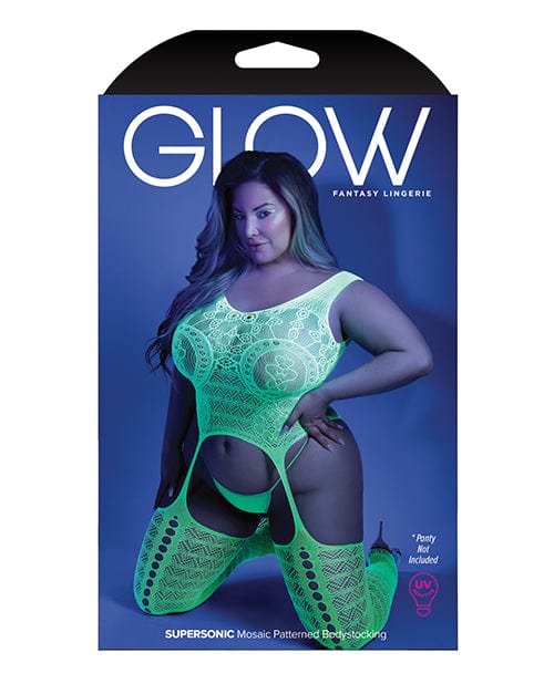 Fantasy Lingerie Bodystocking Glow 'Supersonic' Black Light Mosaic Pattern Gartered Bodystocking by Fantasy Lingerie at the Haus of Shag