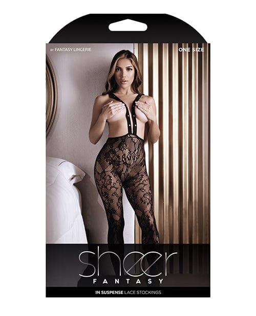 Fantasy Lingerie Bodystocking One Size Fits Most / Black Sheer Fantasy Floral Lace Suspender Stockings with Stud Detail at the Haus of Shag