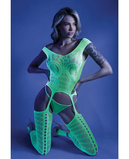 Fantasy Lingerie Bodystocking One Size Fits Most Glow 'Supersonic' Black Light Mosaic Pattern Gartered Bodystocking by Fantasy Lingerie at the Haus of Shag