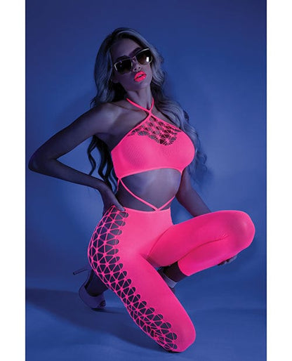 Fantasy Lingerie Bodystocking One Size Fits Most / Pink Glow 'Own the Night' Black Light Cropped Cutout Halter Bodystocking by Fantasy Lingerie at the Haus of Shag
