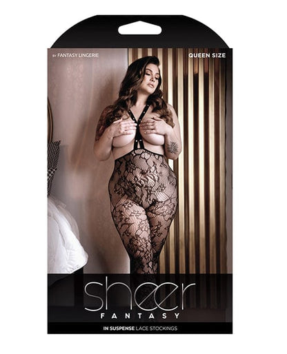 Fantasy Lingerie Bodystocking One Size Fits Most (Queen) / Black Sheer Fantasy Floral Lace Suspender Stockings with Stud Detail at the Haus of Shag