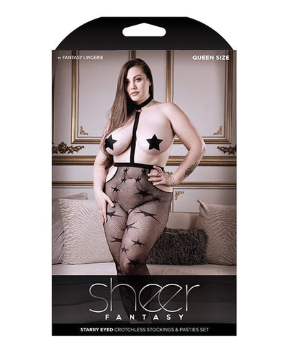 Fantasy Lingerie Bodystocking One Size Fits Most (Queen) / Black Sheer Fantasy 'Starry Eyed' Choker Harness Stocking at the Haus of Shag
