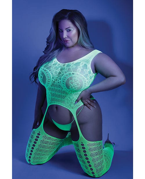 Fantasy Lingerie Bodystocking One Size Fits Most (Queen) Glow 'Supersonic' Black Light Mosaic Pattern Gartered Bodystocking by Fantasy Lingerie at the Haus of Shag