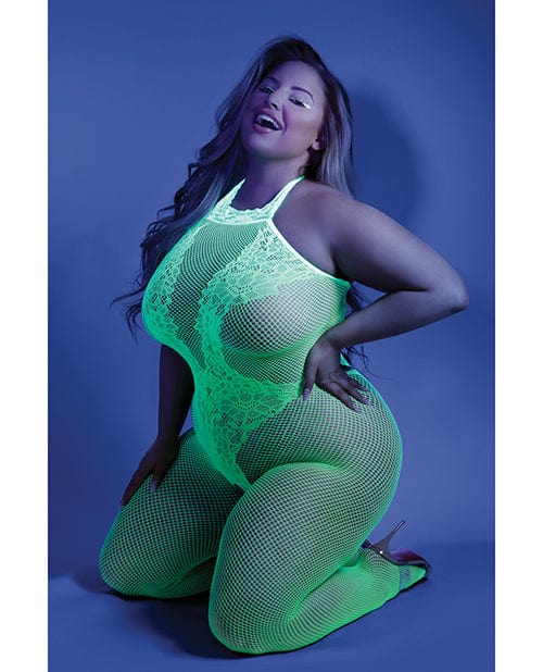 Fantasy Lingerie Bodystocking One Size Fits Most (Queen) / Green Glow 'Moonbeam' Black Light Crotchless Bodystocking by Fantasy Lingerie at the Haus of Shag